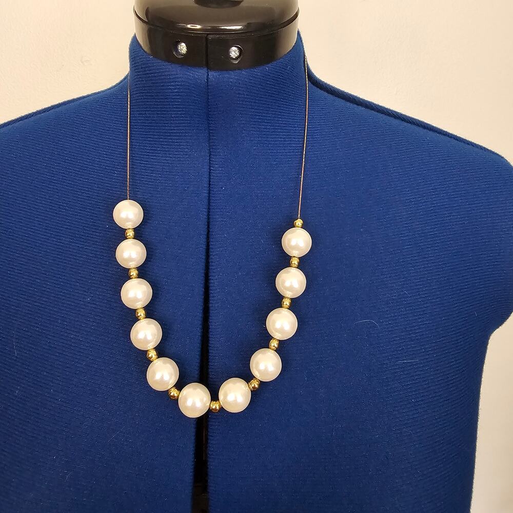 Minimalist Faux Pearl Necklace on Wire | Gold Tone Beaded Modern Statement